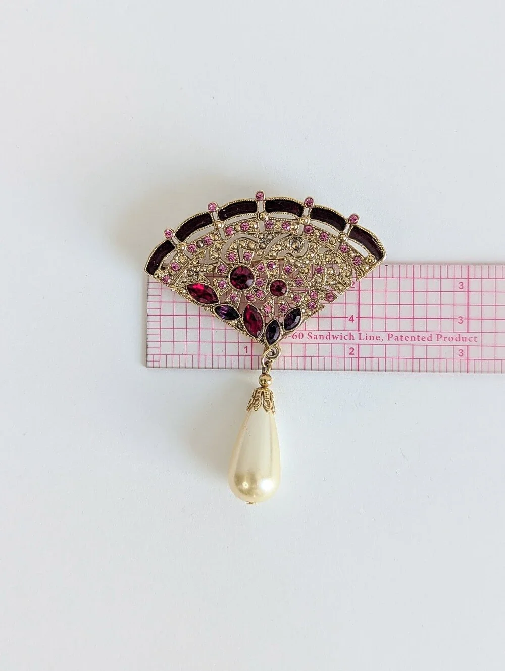 Vintage Art Deco Fan Brooch Pink Purple Rhinestones Faux Pearl Dangle Pin Gold